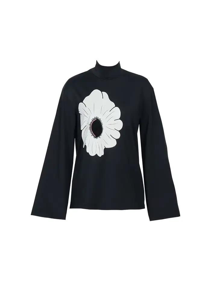 2025 été nouveaux hauts pour femmes évasé à manches longues col roulé couleur noir Polyester imprimé motif Explosion