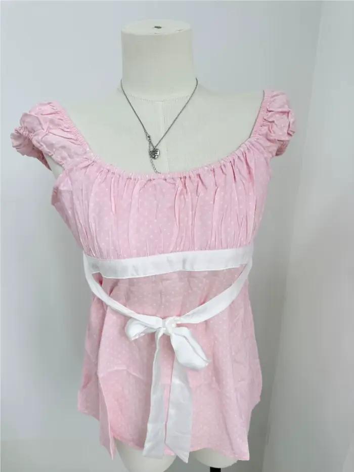 Rose à pois nuisette haut femmes été nouveau décontracté mince à lacets col carré t-shirt hauts doux Vintage Preppy Style T-shirts Y2K