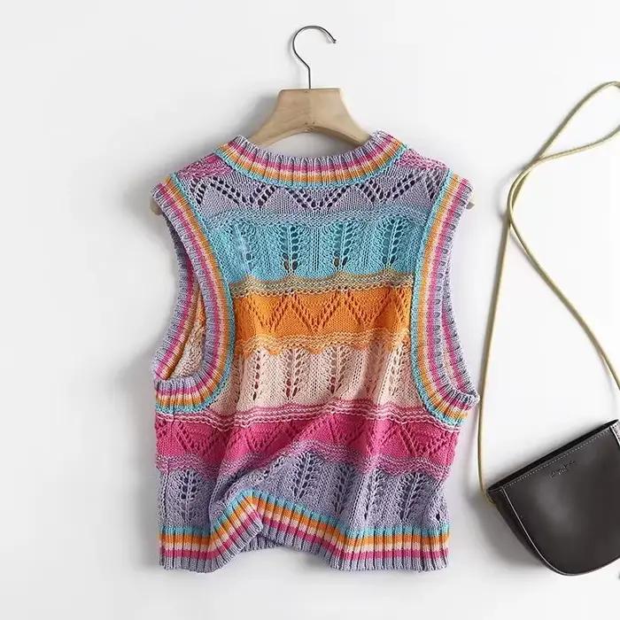 Gilet pull à rayures arc-en-ciel pour femme, gilet en tricot, décontracté, style coréen, adaptable à toutes les tailles, pour les femmes juniors, occasions spéciales et quotidiennes