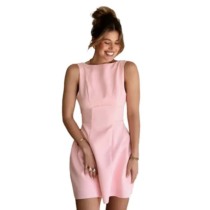 Robe sans manches polyester beige col rond courte coupe trapèze femme printemps été occasions spéciales basiques