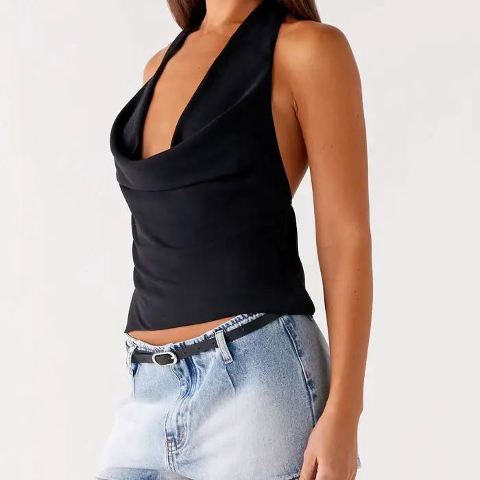 Débardeur pour femmes été y2k Coquette licou culture hauts col en v profond plissé sans manches Cami gilets chemises fête nuit Streetwear