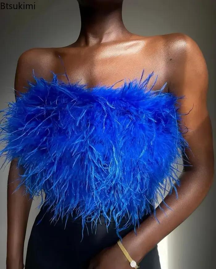 Hauts courts sexy à épaules dénudées en plumes pour femme