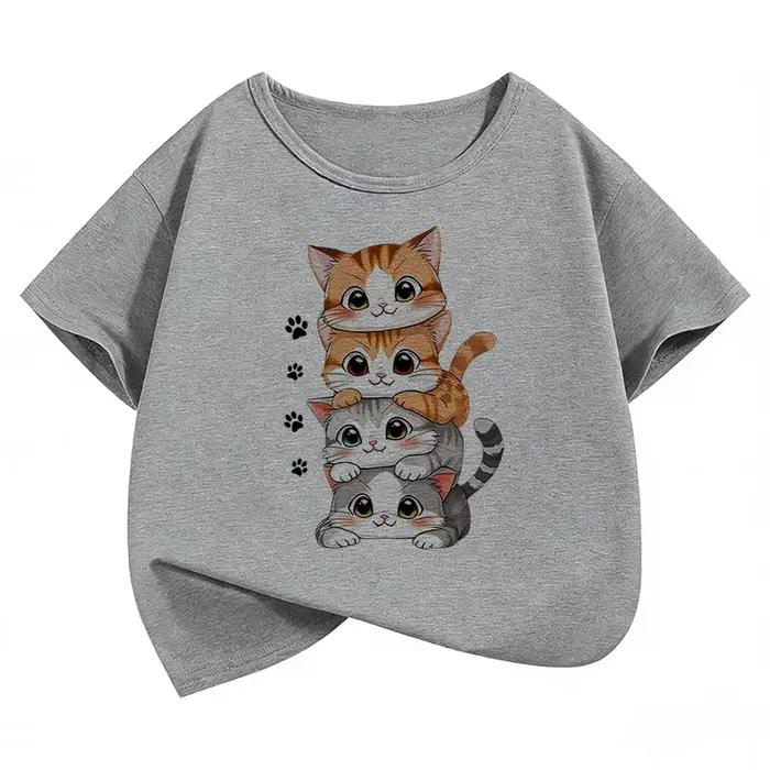 T-shirt en coton pour filles avec motif chaton superposé