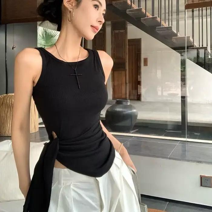 Hauts d'été pour femmes style Pinterest débardeurs et camisoles coupe courte polyester et élasthanne occasion sorties et soirées