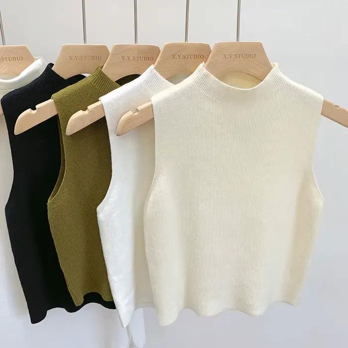 Débardeur femme couleur unie t-shirts tricotés recadrée Camisole pull demi-col roulé printemps automne sans manches топ ж dik onder