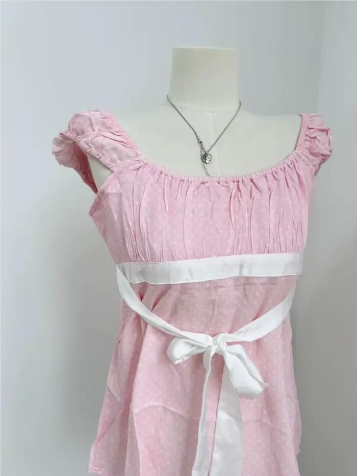 Rose à pois nuisette haut femmes été nouveau décontracté mince à lacets col carré t-shirt hauts doux Vintage Preppy Style T-shirts Y2K