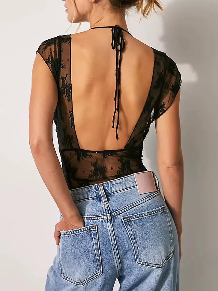 T-shirt en dentelle florale dos nu pour femme