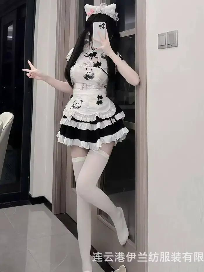Cos Halloween Cosplay mignon fille nouveau Style chinois Panda imprimé haut avec taille haute effet minceur moelleux gâteau jupe femme de chambre avril
