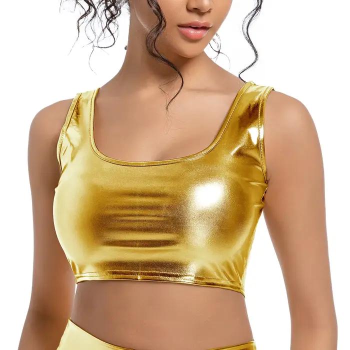 OVIGILY Haut court métallique pour femme – Débardeur extensible brillant pour vêtements de Rave