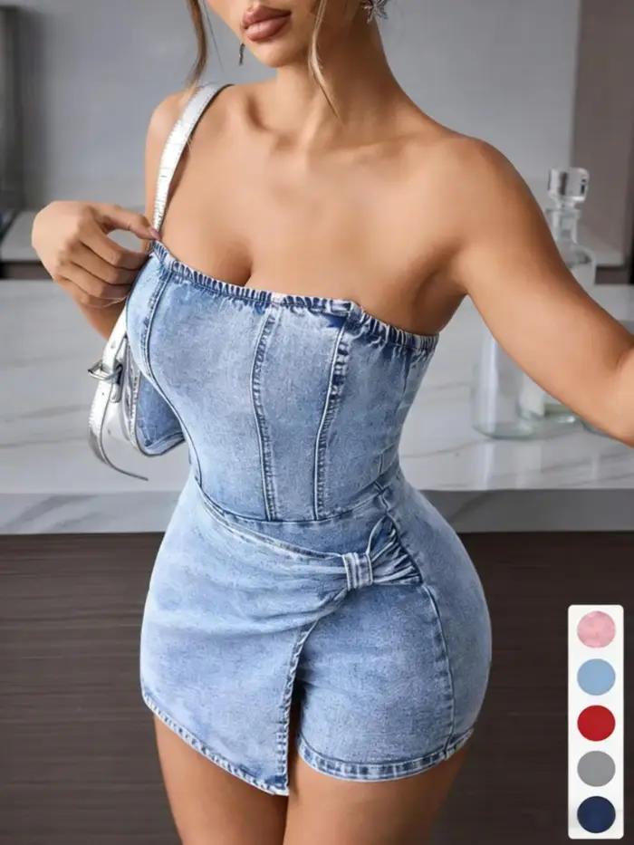 ✨ Robe en jean tube pour femme | Design sans bretelles à effet torsadé