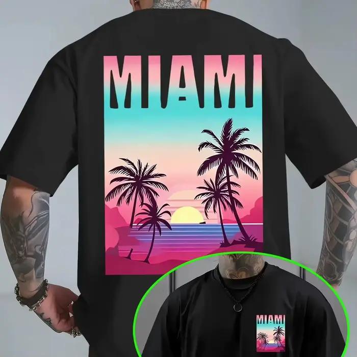 T-shirt en pur coton respirant avec dégradé néon Miami haut polyvalent pour sorties estivales plage hommes occasions spéciales