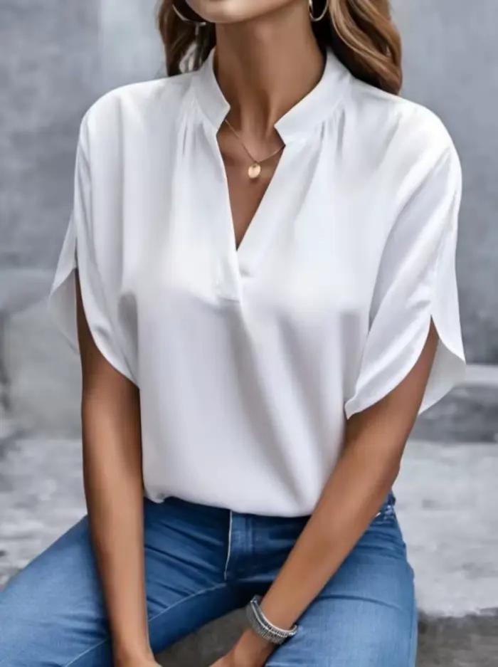 Chemisier Polyester Femme Col V Manches Courtes Pour Le Bureau Ou Occasions Décontractées