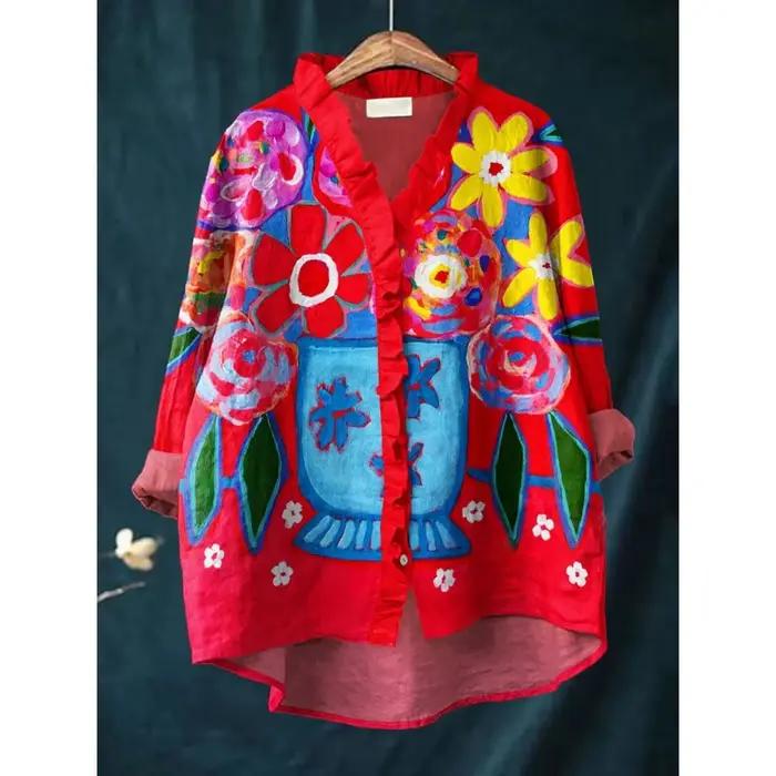 Chemise imprimée d'inspiration Pop Art avec col à volants pour femmes
