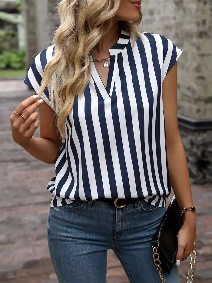 Chemise pour femme Printemps Été Bleu marine Blanc Rayures verticales Col en V Manches courtes Élégant Chic Haut décontracté quotidien