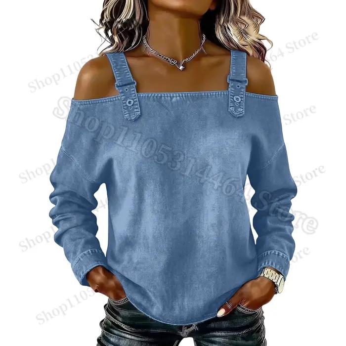 Haut en jean pour femme élégant haut à épaules dénudées manches longues polyester occasionnels spéciaux
