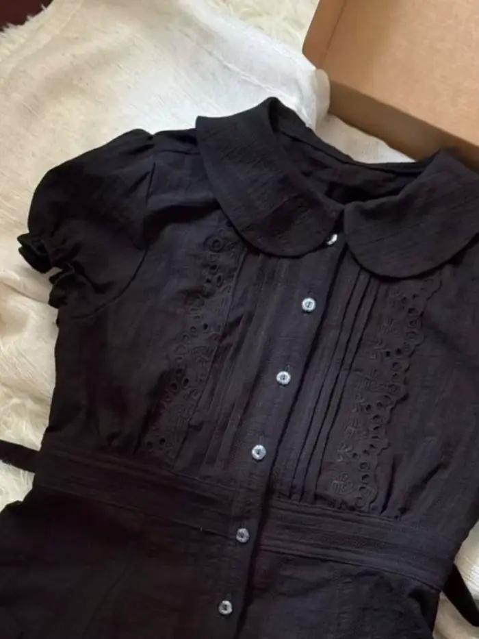 2025 été mignon col de poupée recadrée hauts noirs conception Kawaii à manches courtes chemise de Base Vintage à lacets vêtements décontractés tenues Y2k