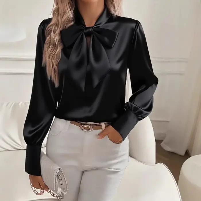 Chemisier décontracté femme polyester et coton avec nœud en satin pour printemps automne manches lanternes occassions spéciales