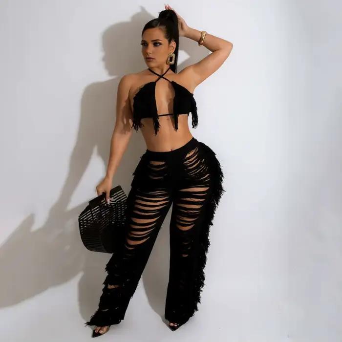 Ensemble haut court et pantalon à franges pour femme