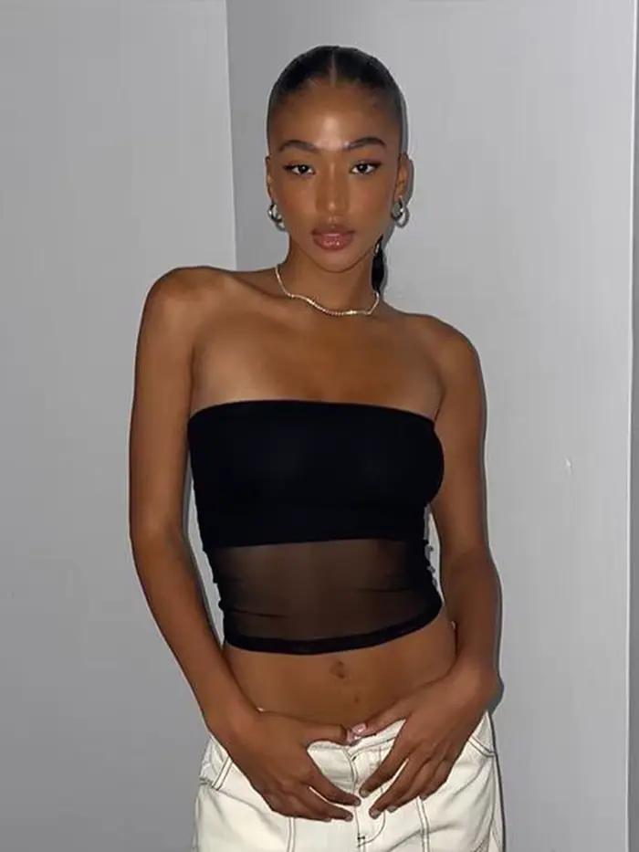 Haut court en patchwork de corset en maille noire pour femmes, bustier tubulaire, sexy sans manches, épaules dénudées, camisole d'été, streetwear, slim, débardeur sans bretelles