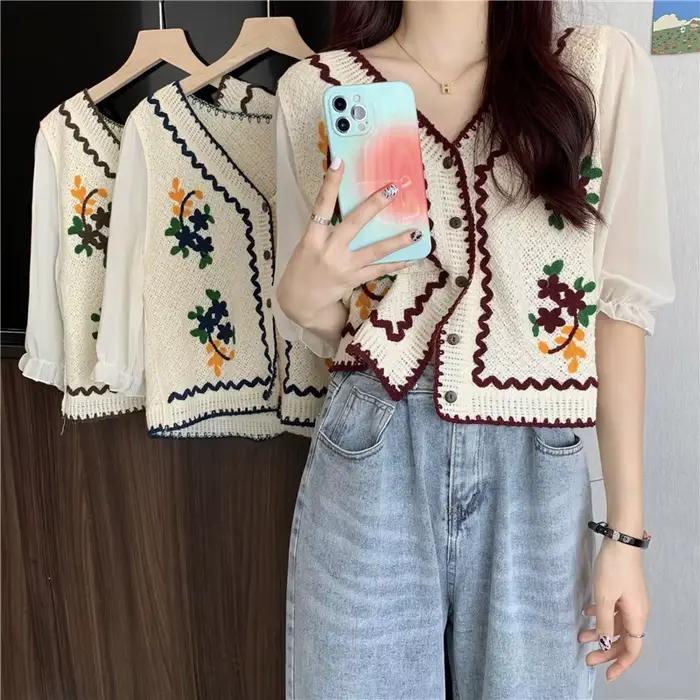 Chemisier au Crochet brodé de fleurs avec manches en mousseline de soie bouton avant Cardigan haut femmes printemps été Fairycore Cottagecore