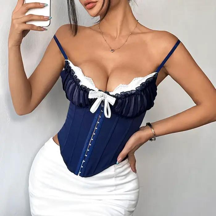 SSexy col en V Y2K haut court dentelle Patchwork plissé nœud papillon