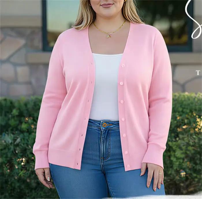 Cardigan en élasthanne et coton solide, ample, décontracté pour femmes, grandes tailles, idéal pour hiver et transitions saisonnières ``` 此HTML页面按照指示创建了一个关于女性大号长袖开襟衫的描述，旨在通过详细描述和特性来激发购买欲望。