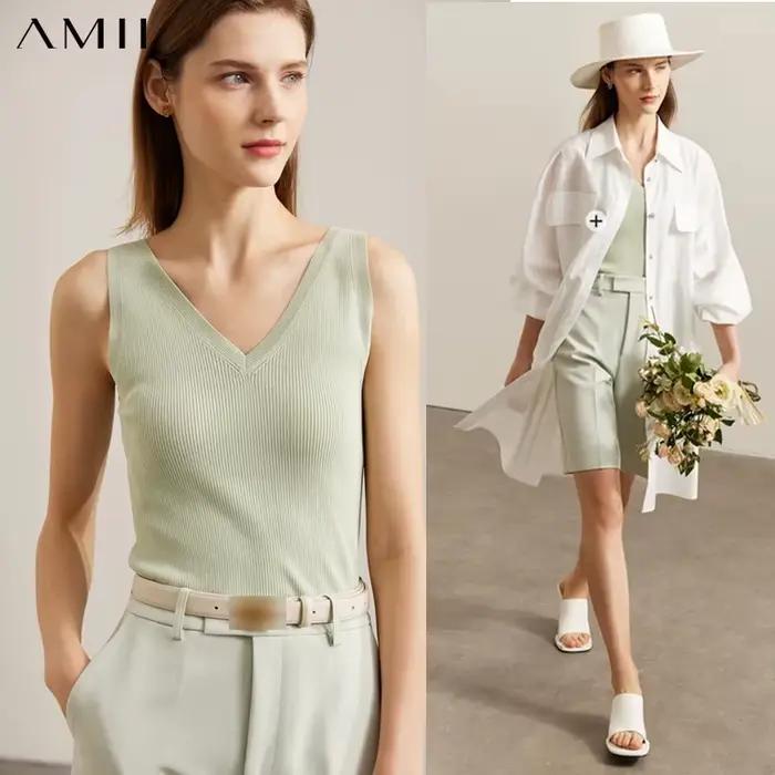 AMII minimalisme débardeur pour femmes 2025 été nouveau polyvalent col en v ajustement tricoté gilet Camis hauts noirs