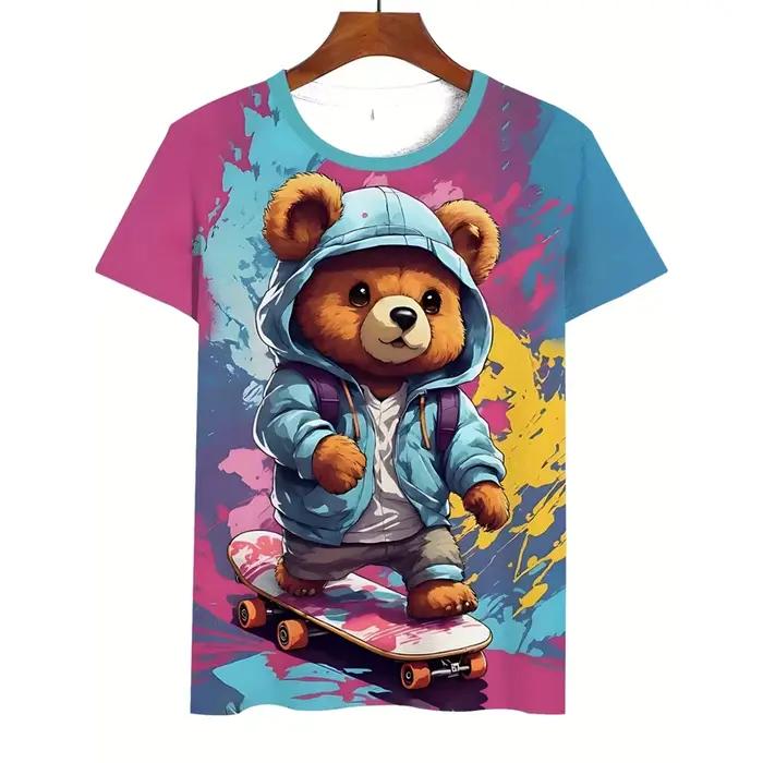 T-shirt Ourson Mignon Imprimé 3D pour Hommes et Enfants - Style Décontracté et Polyvalent - Printemps Été Automne