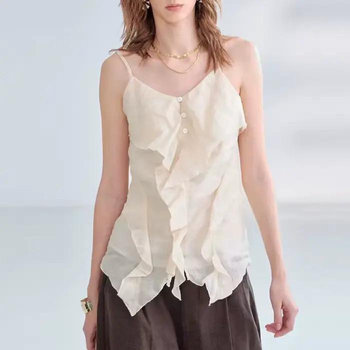 Débardeur Chic 100% Ramie pour Femme avec Volants Asymétriques – Style Décontracté Français