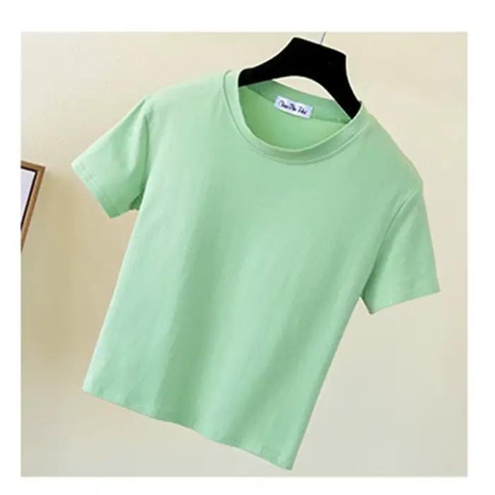 Vert haut court T-Shirt Femme solide coton col rond manches courtes T-shirts pour femmes taille haute mince