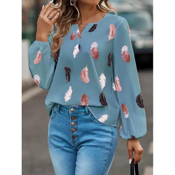 Mode femme Blouse chemises pour femmes haut élégant à manches longues motif de plumes