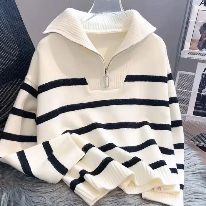 Pull pull femmes printemps et automne sous-vêtements nouvelle fermeture éclair rayure sous-couche style court populaire premium pull femme