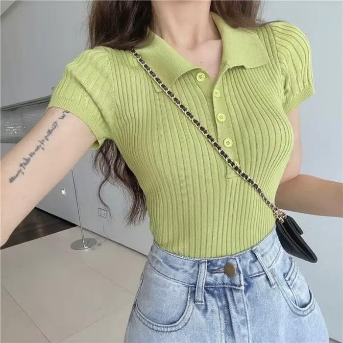 Nouveau T-shirt Polo Femme en Maille Côtelée – Hauts Sexy d'Été Basiques Ajustés Décontractés à Manches Courtes – Gilet
