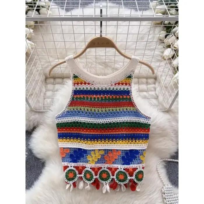 Débardeur bohème tricoté Dancing JL Ants design rétro crochet coloré pour femmes occasions spéciales vacances fantaisie