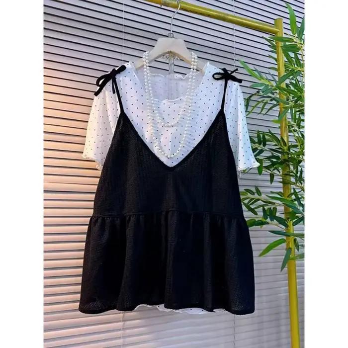 Chemise superposée pour femmes printemps automne avec volants et manches courtes à pois hauts polyester classiques occasions spéciales