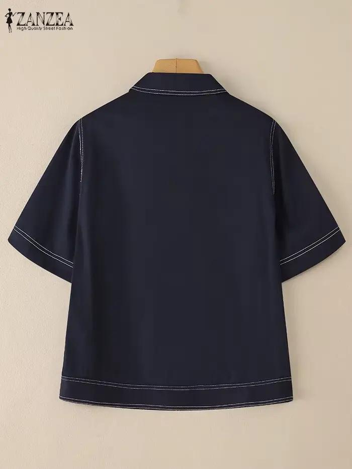 ZANZEA femmes Denim-like contraste-point chemises mode col rabattu manches courtes boutonné chemise femme hauts Streetwear 3XL