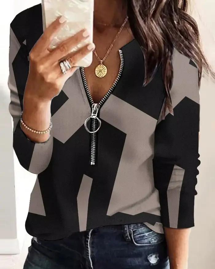 Chemisier femme visage lettre impression fermeture éclair manches longues décontracté Sudaderas Con Capucha Para Mujer Moletons graphique Camisetas hauts