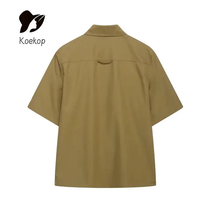Koekop Chemise ornée de poche à revers de couleur unie pour femme et short plissé vintage décontracté