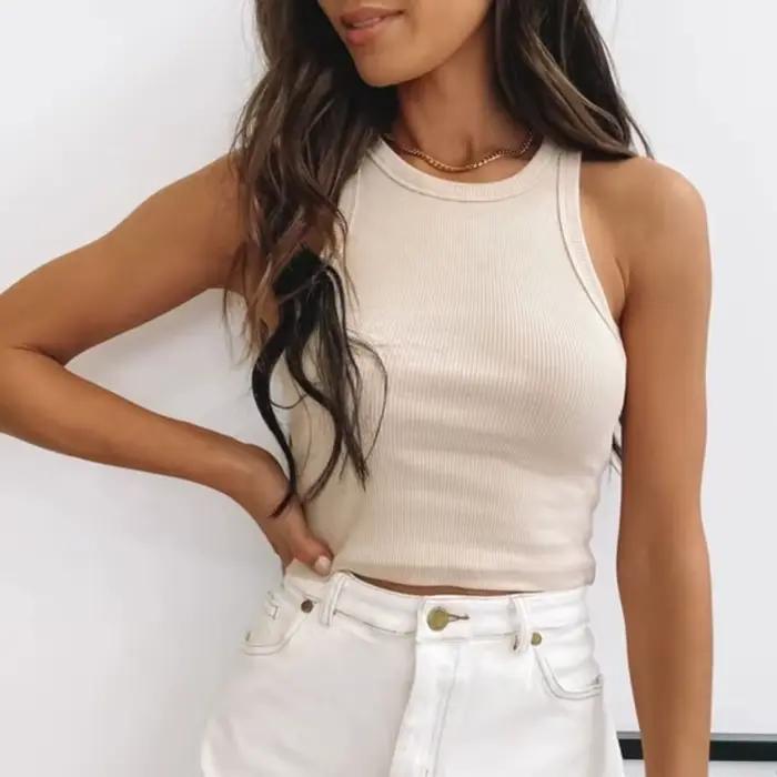 Débardeurs Sexy gilet court solide Harajuku coréen femme épaules nues tricoté kaki blanc été haut