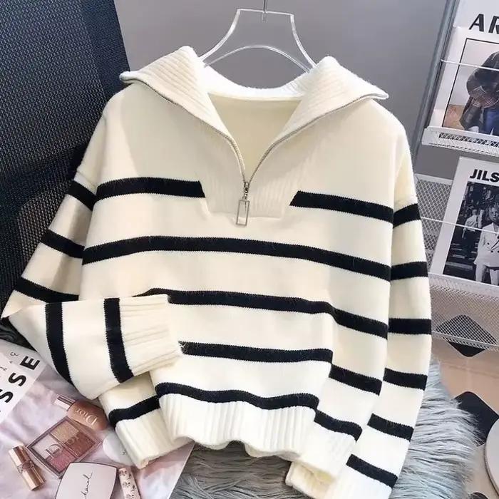 Pull pull femmes printemps et automne sous-vêtements nouvelle fermeture éclair rayure sous-couche style court populaire premium pull femme