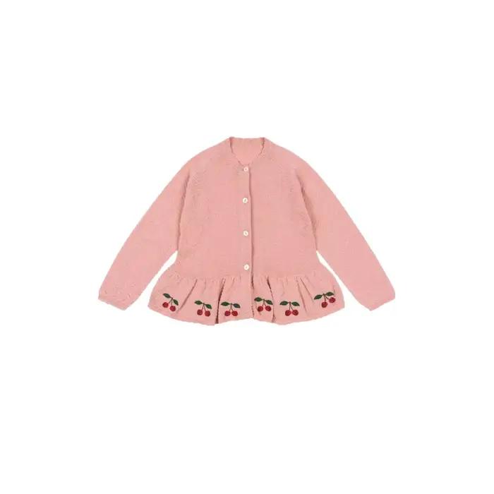 Veste pull en polyester mignon et doux pour enfants de 3 à 6 ans, veste Cardigan brodée cerise pour filles, nouvelle collection automne hiver 2021