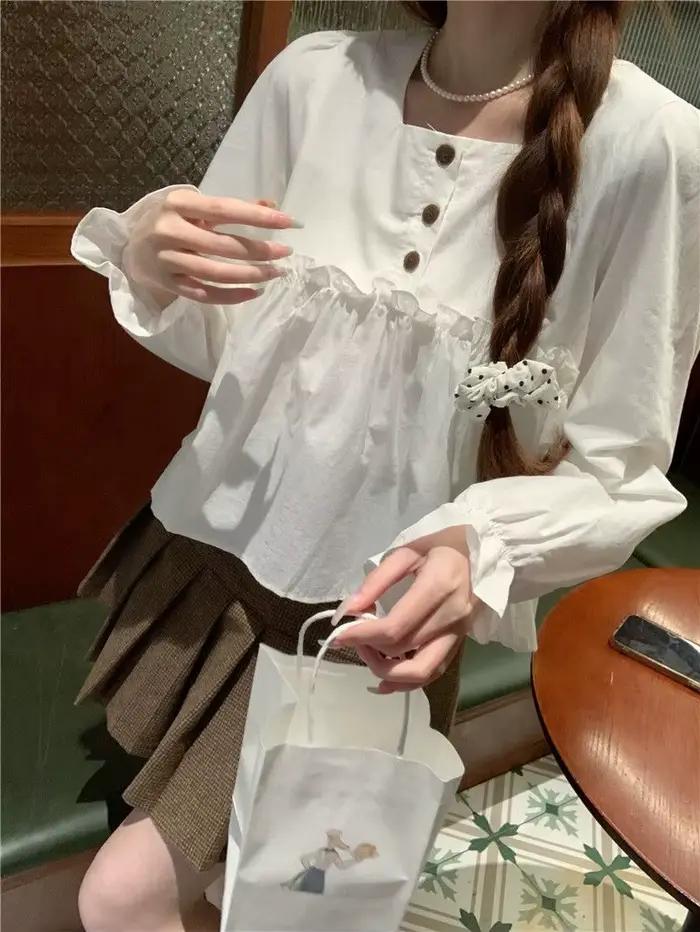 Blusas Femininas Elegantes col carré bouton chemises et chemisiers Camisas De Mujer haut blanc ample Chic