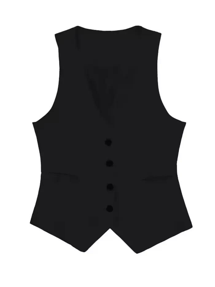 Gilet de costume noir et blanc ajusté à col en V pour femme – Idéal pour le bureau