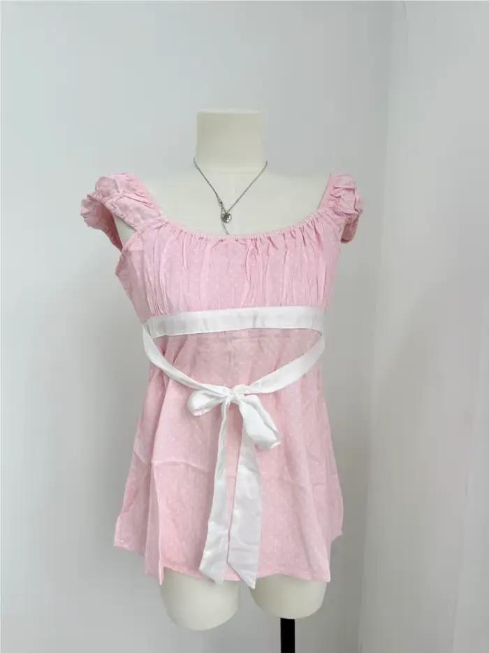 Rose à pois nuisette haut femmes été nouveau décontracté mince à lacets col carré t-shirt hauts doux Vintage Preppy Style T-shirts Y2K