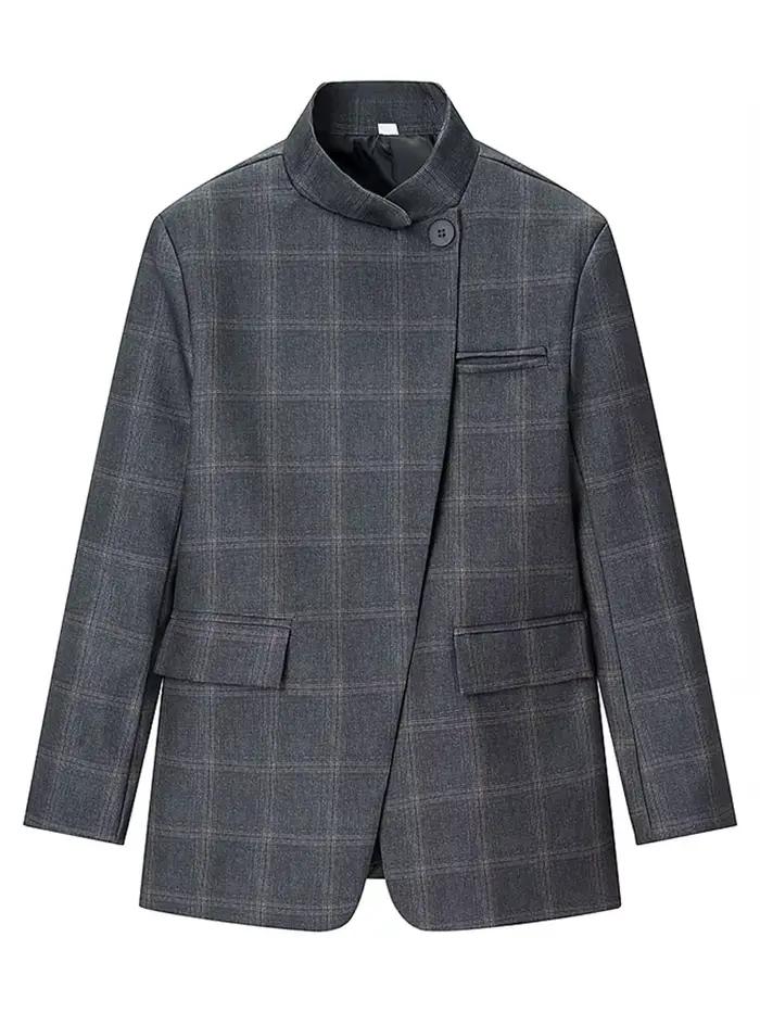 Blazer à carreaux printemps 2026 pour femme style tailleur élégant col montant polyester polyvalent occasions spéciales