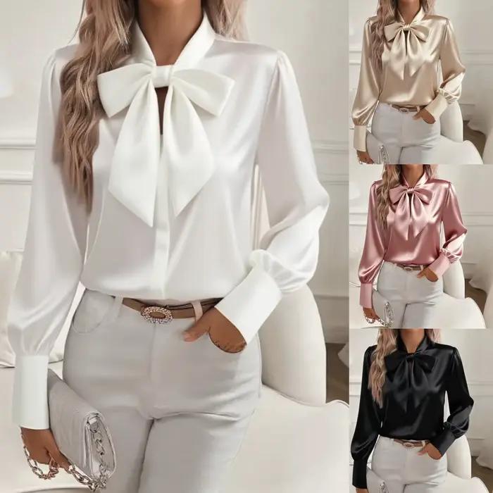 Chemisier décontracté femme polyester et coton avec nœud en satin pour printemps automne manches lanternes occassions spéciales