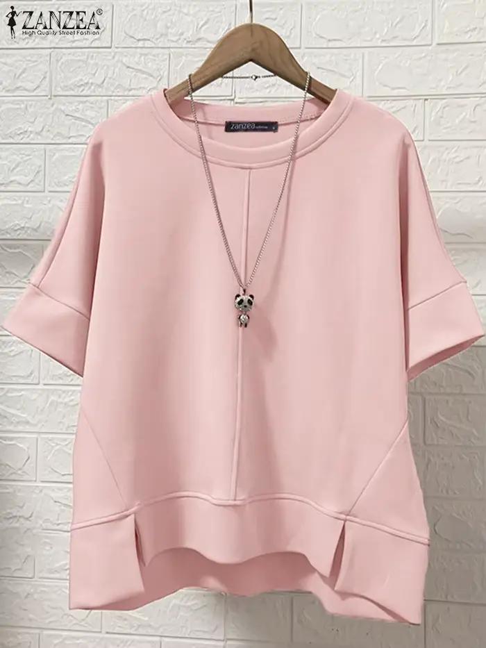 ZANZEA Streetwear ourlet asymétrique T-Shirts femmes décontracté col rond demi manches Patchwork