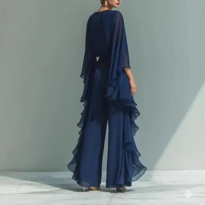 Ensemble deux pièces bohème pour femme : chemise en mousseline bleu marine à manches cloche et pantalon droit à volants – Tenue tendance