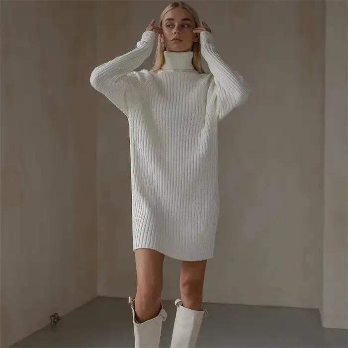 Robe pull épaisse tricotée ample et décontractée à col roulé pour femmes automne hiver confortable et élégante