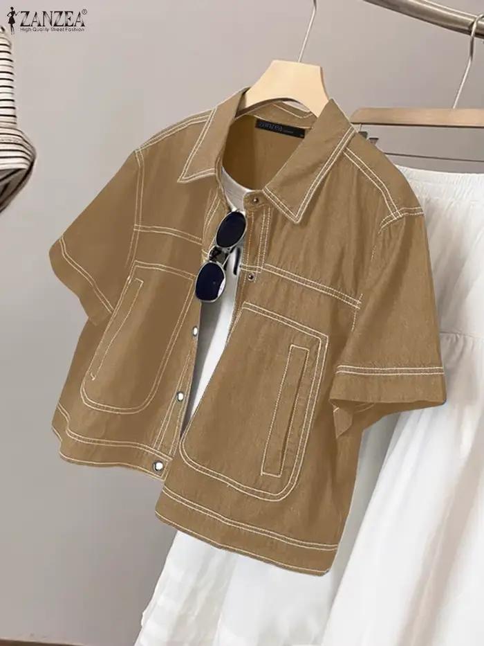 ZANZEA femmes Denim-like contraste-point chemises mode col rabattu manches courtes boutonné chemise femme hauts Streetwear 3XL